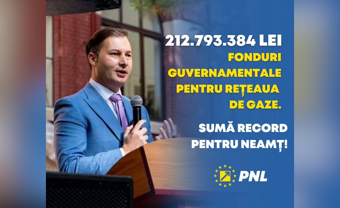 George Lazăr, președinte PNL Neamț: „Sumă record pentru județul Neamț: 212.793.384 de lei pentru investiții în rețeaua de gaze!”