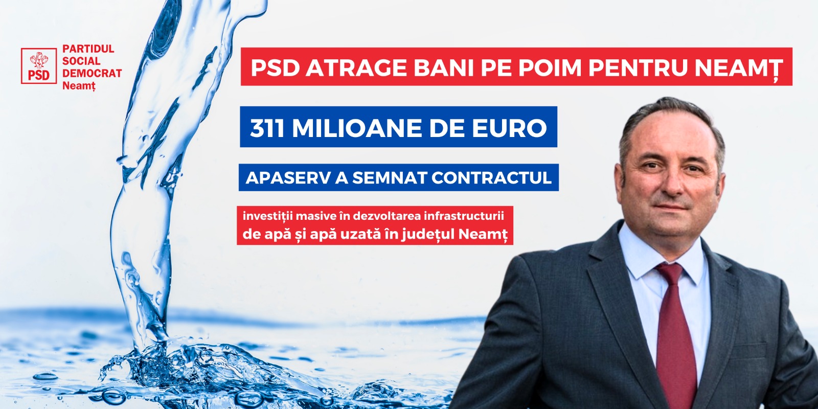 PSD Neamț: „Investiții masive pentru modernizarea infrastructurii de apă. 311 milioane de euro, ApaServ a semnat contractul de finanțare”