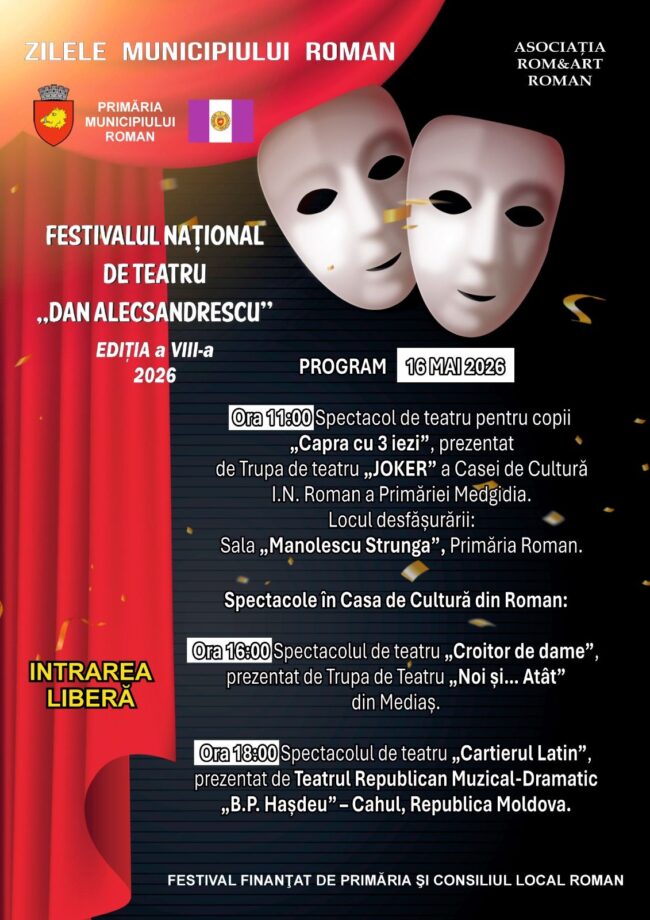 Poza pentru articolul O nouă ediție a Festivalului de Teatru „Dan Alecsandrescu”, sâmbătă, 16 mai, cu ocazia Zilelor Municipiului Roman
